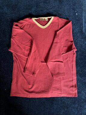 LL Bean Men's Red V-Neck Long Sleeve Tee with Contrast Trim